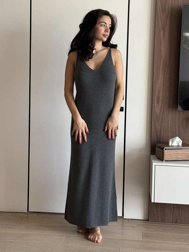 Bộ đầm dài kèm áo cardigan dệt kim dài tay nữ — Màu cà phê đậm, Màu hồng, Màu trắng, Màu xám chi tiết 94