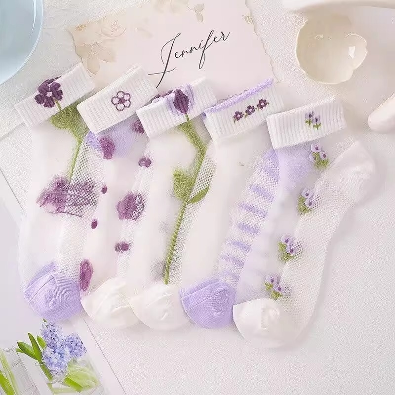 Women's Korean-Style Short Socks, Summer Thin Trendy Glass Silk Purple Stockings, Transparent Letter Japanese-Style Cotton Bottom Short Socks