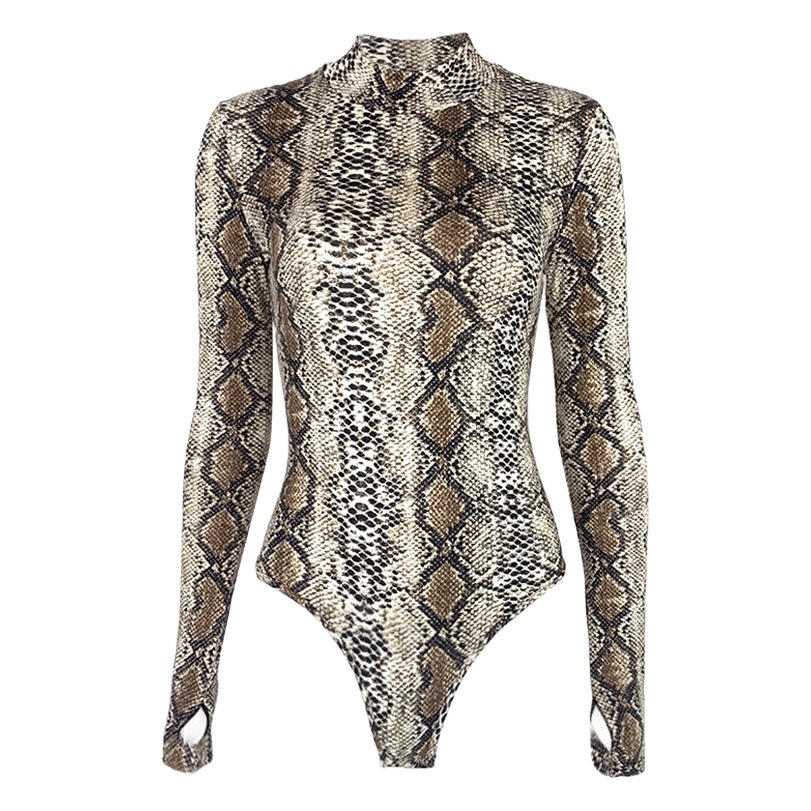 Otoño 2023 transfronteriza sexy serpiente impresión camisa de fondo AliExpress europeo y americano popular manga larga cuello alto Mono para las mujeres
