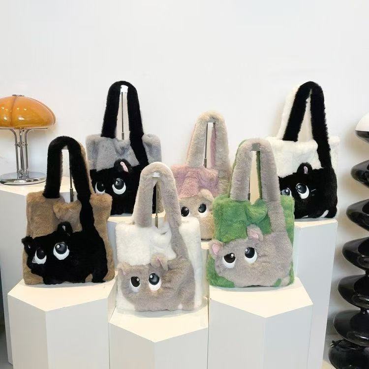 秋冬毛绒包包女大容量创意猫咪卡通撞色拼接刺绣托特包手提毛毛包