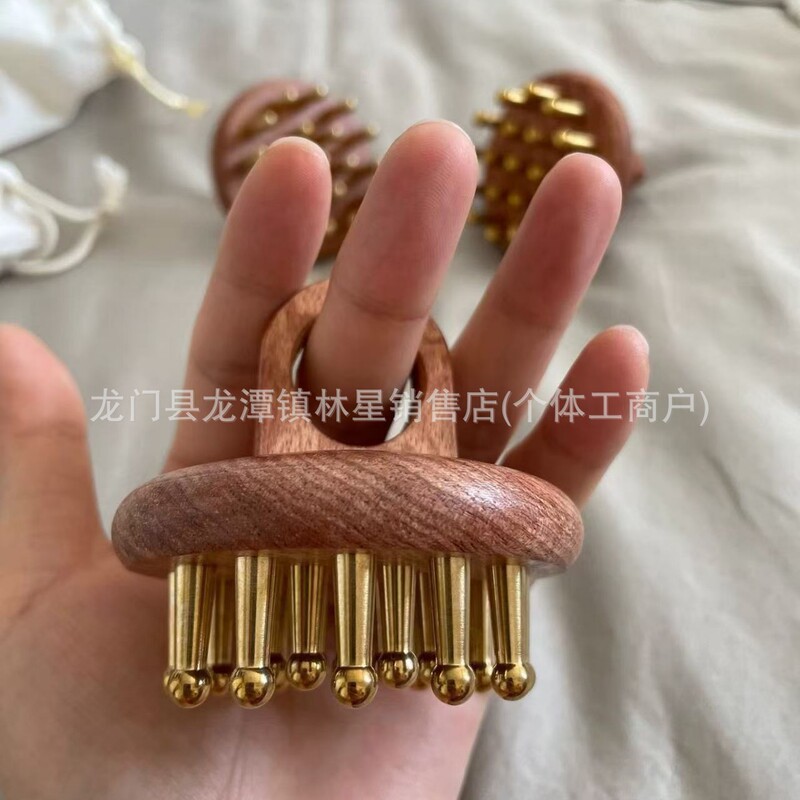 頭と背中をマッサージするための29歯の真鍮製木製経絡コーム、おなかをマッサージするための特別な指輪マッサージコーム、家庭用スクレーピングコーム|undefined