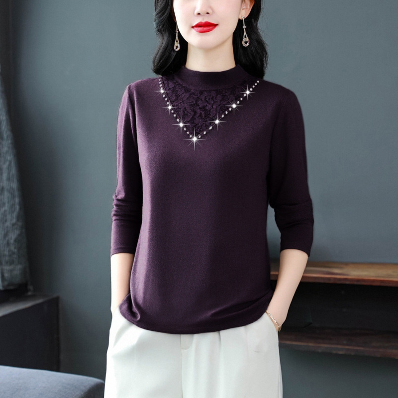 Spring New Style Half-High Collar Long-Sleeve T-Shirt for Middle-Aged Moms, Plus-Size Base Shirt, Stylish and Versatile, Slimming Women's Top