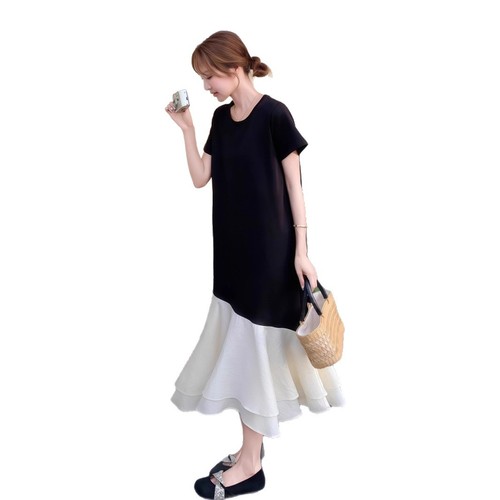 Black semi-mature style leaf-edge fishtail T-shirt long skirt summer new casual slim-fit elegant round-neck dress for women