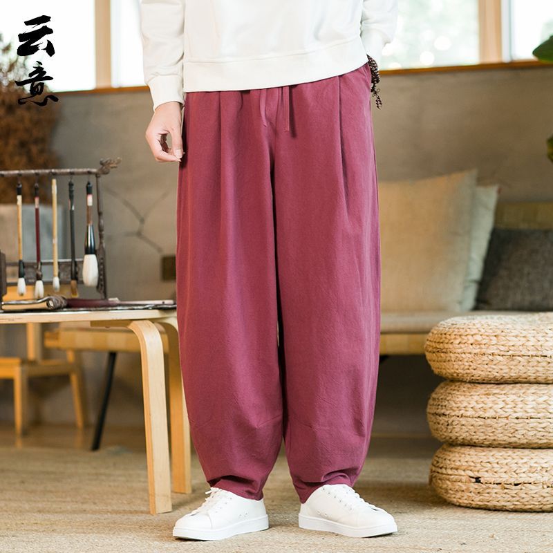 Pantalones de Tai Chi Pantalones de entrenamiento de artes marciales de talla grande de estilo chino de primavera y otoño para hombres Pantalones de bombachos sueltos de pierna ancha Pantalones largos de kung fu de algodón y lino