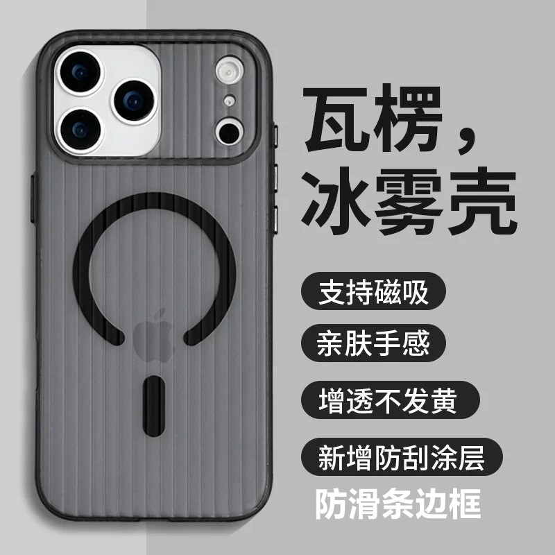 适用iphone17瓦楞磁吸手机壳冰雾磨砂苹果16PROMAX防滑边15保护套