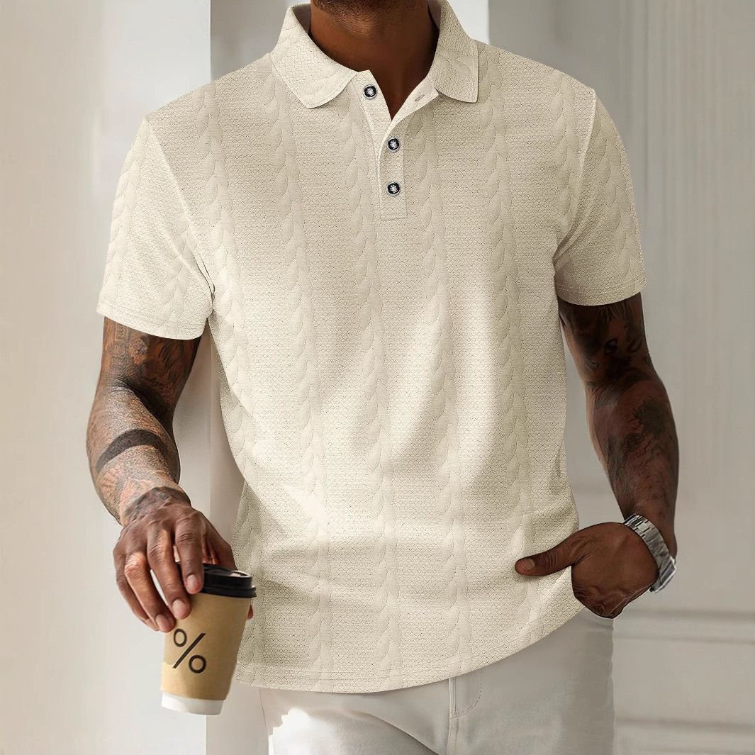 Men's Solid Color Cable Knit Jacquard Polo Shirt Turn Down Collar Front Button Casual Everyday Short Sleeved Top_voghion.com
