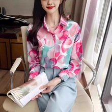 跨境东南亚出口供货女衬衫圆圈粉印花时尚百搭气质新款女式衬衣