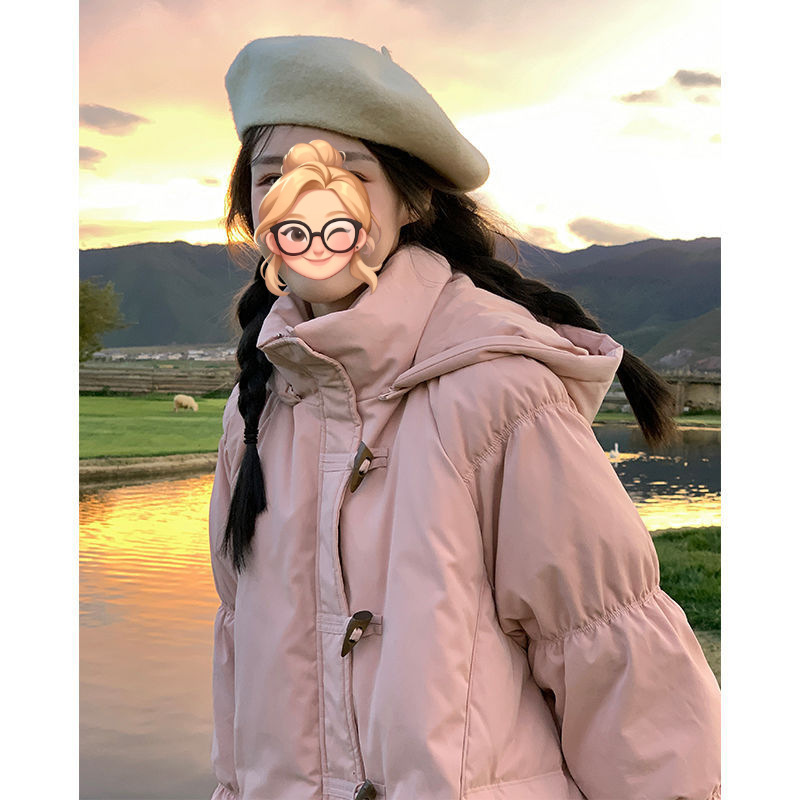 White Duck down Jacket for Women 2025 New Pink Hooded Sweet and Cute Girl Horn Button Jacket Thickeneded and Warm