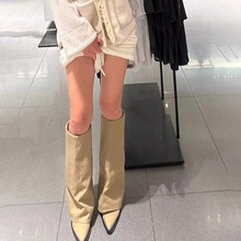 粗跟尖头裤管靴女2024秋冬季新款显瘦长筒靴不过膝百搭时装靴批发