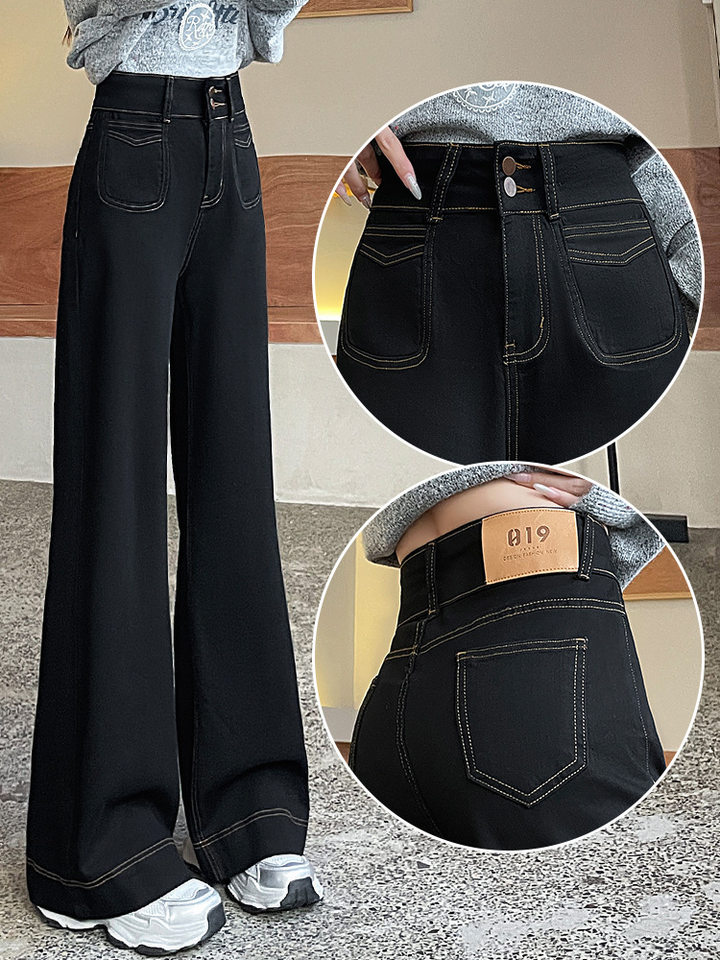 Quần jean ống rộng nữ cạp cao co giãn hai cúc phong cách Hàn Quốc — Quần Croptop Đen, Quần crop top màu xanh cao cấp, Quần xanh cao cấp, Tiện ích mở rộng màu xanh cao cấp