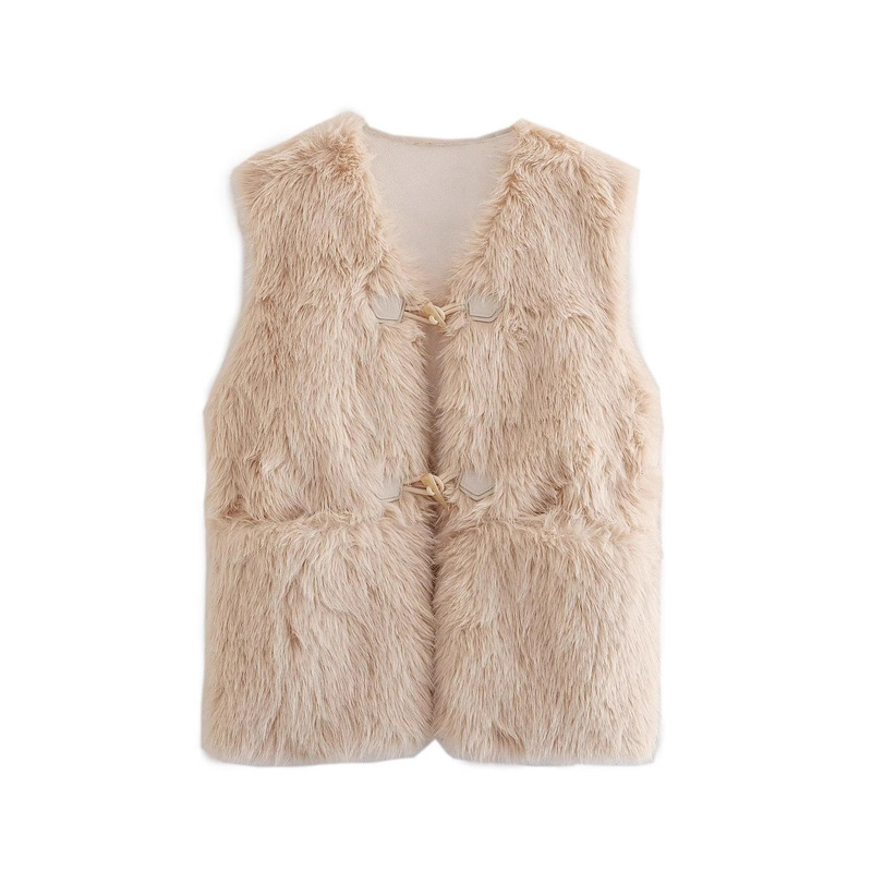 Foreign Trade 2025 Autumn and Winter European and American Style Fashion Horn Button Decorated Faux Fur Vest for Women X9841 Foreign Trade 2025 Autumn and Winter European and American Style Fashion Horn Button Decorated Faux Fur Vest for Women X9841