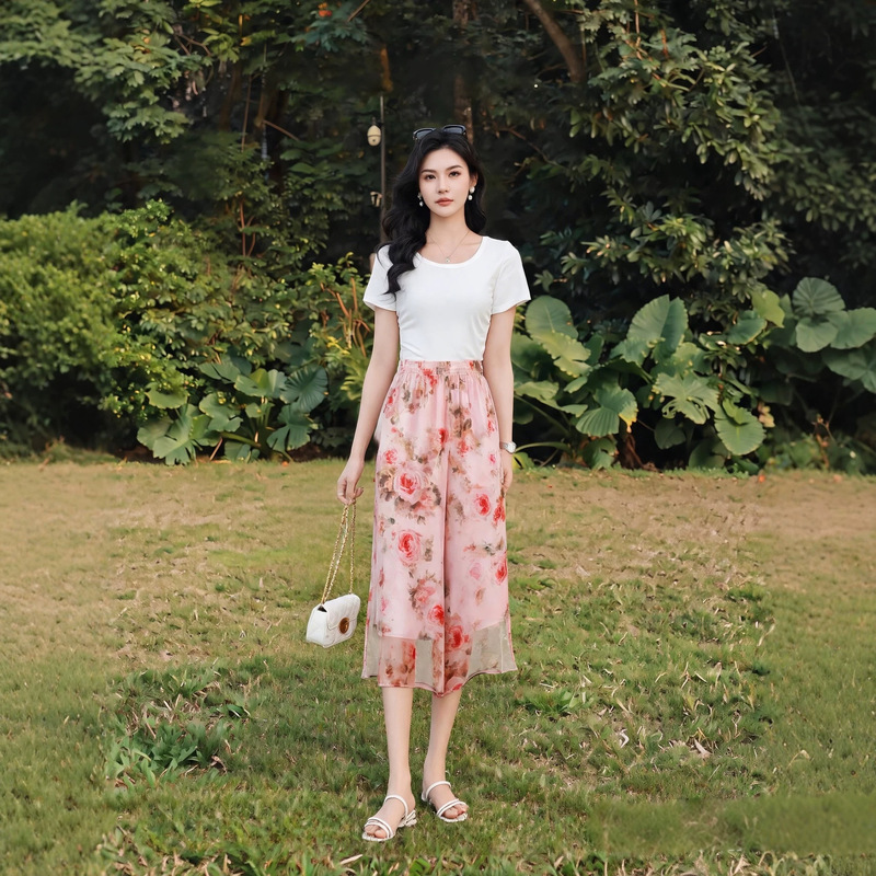 Satin Silk Women's Pants 2026 Summer New High-Waisted Loose Wide-Leg Pants Printed Mulberry Silk Casual Cropped Pants