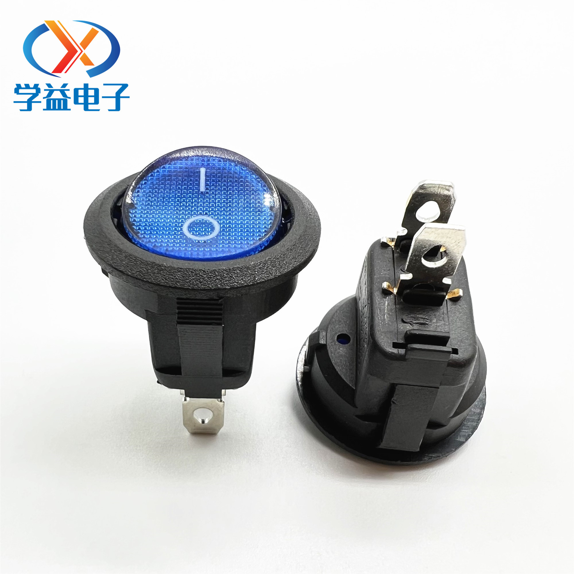 KCD1上圆下方透明蓝两脚圆形开关 直径23MM 20MM两脚无灯船型开关
