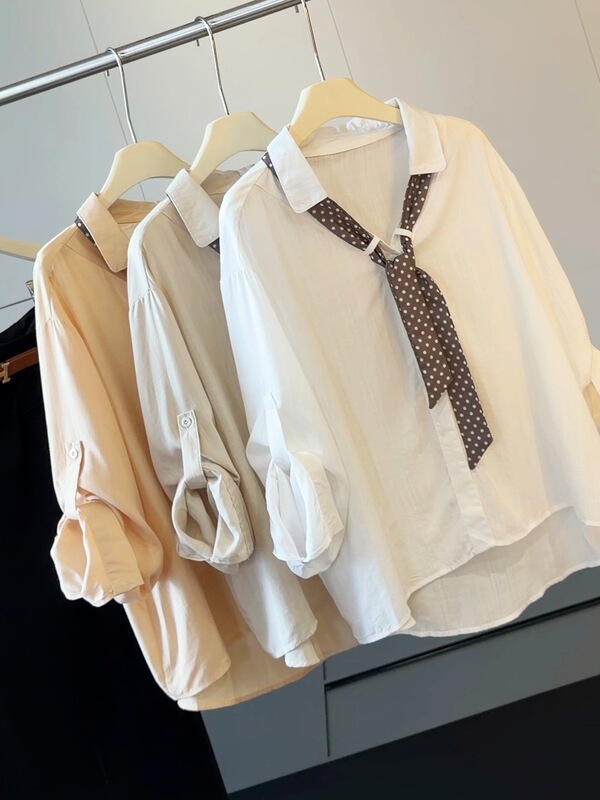 Early autumn new French-style elegant long-sleeve shirt with scarf collar for women, suitable for commuting and casual wear, slimming top with rollable sleeves