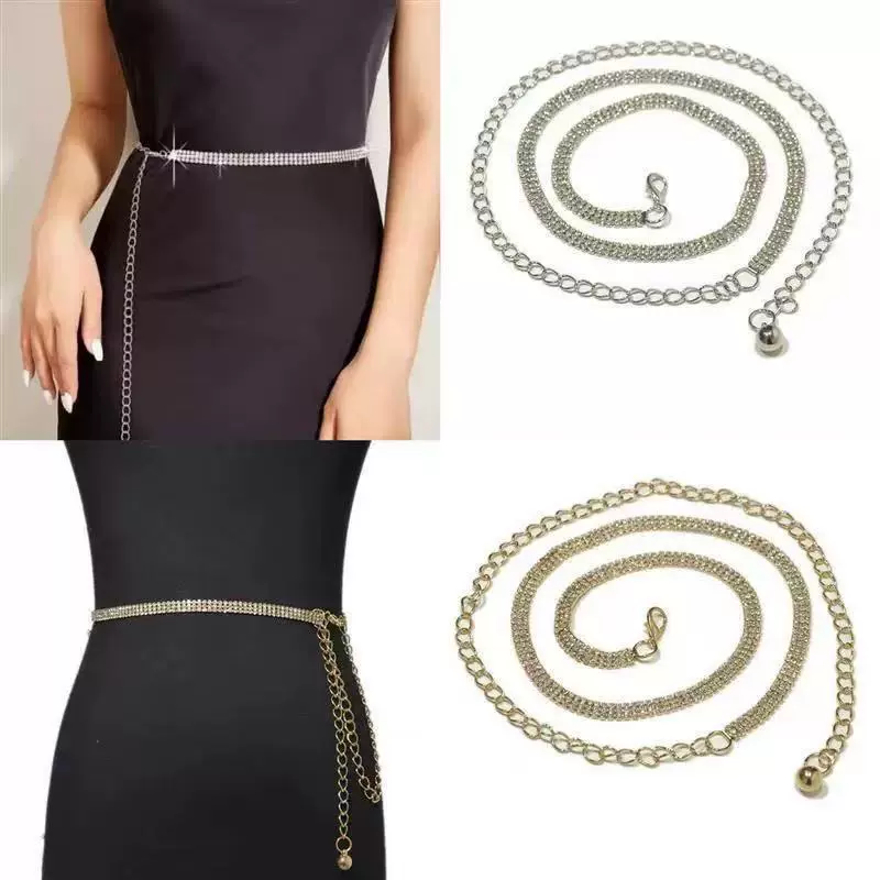 厂家直供跨境时尚女士全钻金属腰链甜美三排水钻镶嵌金属装饰腰链