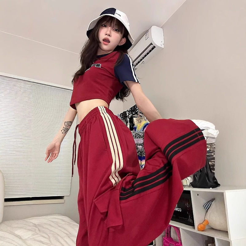 American Retro Jazz Dance Overalls Women's High Waist Casual Suit Wide Leg Pants Red Three Stripes Sports Pants