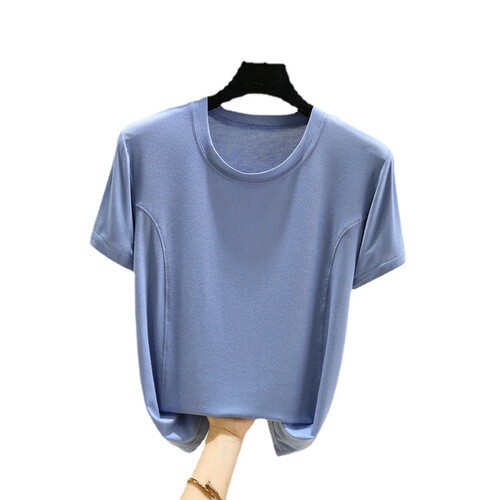 Modal crew-neck short-sleeve T-shirt, slim-fit top with minimalist, stylish patchwork design—perfect for a trendy, on-trend summer look that’s ideal for wearing outside.
