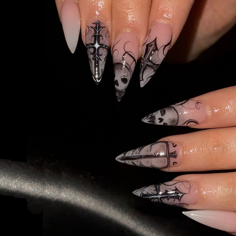 WM-451 White Ghost Almond Nail Tips Halloween Cartoon Ghost Cross 24-Piece Wearable Nail Tips Wholesale WM-451 White Ghost Almond Nail Tips Halloween Cartoon Ghost Cross 24-Piece Wearable Nail Tips Wholesale