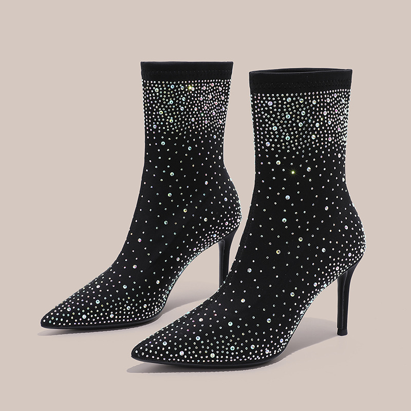 Starry Sky Full Diamond High Heel Short Boots for Women 2025 Autumn and Winter European and American Pointed Toe Stiletto Slim Boots French Celebrity Fashion Boots