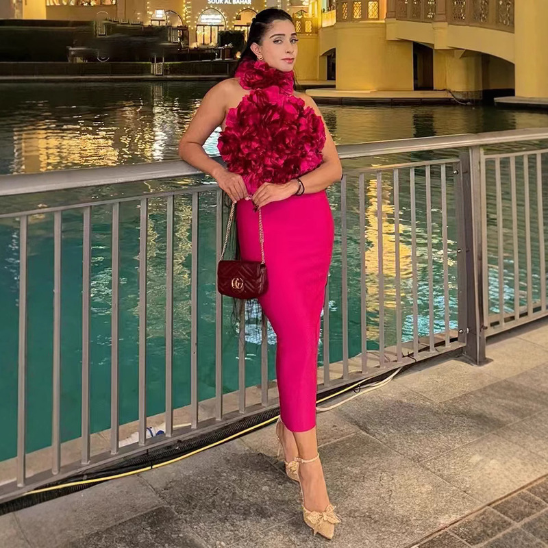 Foreign Trade Cross-Border New Women's Halter Neck Flower Backless Slim Elastic Bandage Skirt High-End Party Party Dress Foreign Trade Cross-Border New Women's Halter Neck Flower Backless Slim Elastic Bandage Skirt High-End Party Party Dress