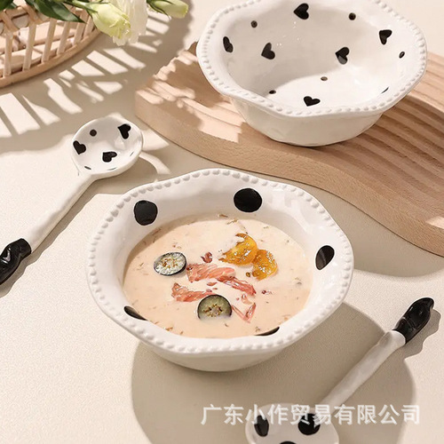 赫本陶瓷珠点碗创意釉下彩手绘沙拉碗家用早餐碗蛋糕甜品碗6英寸