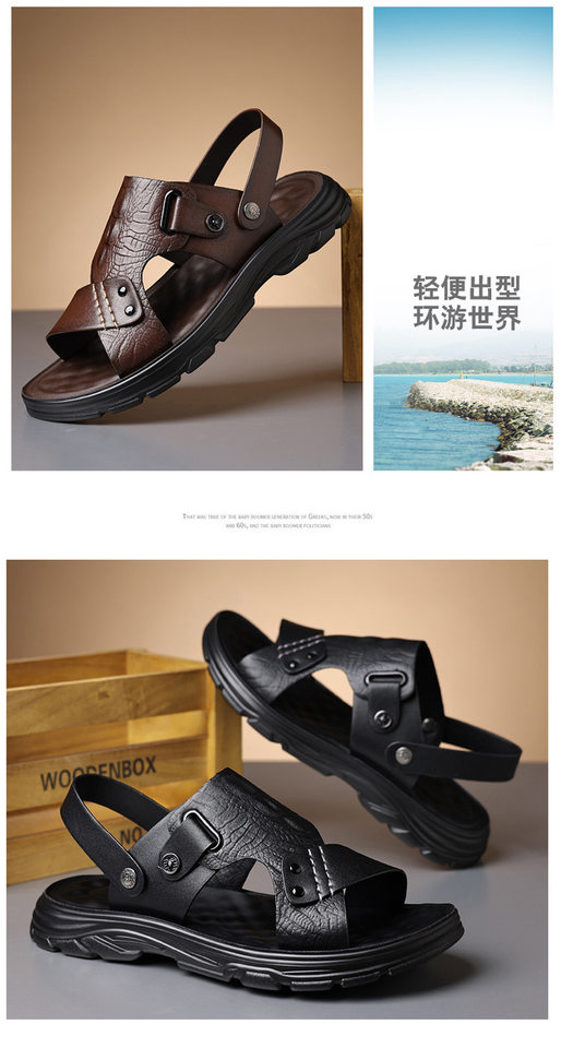 Dép sandal nam quai ngang mũi tròn, đế bằng mềm chống trượt, kiểu hở ngón đi biển và đi ngoài trời — Màu nâu, màu đen chi tiết 17