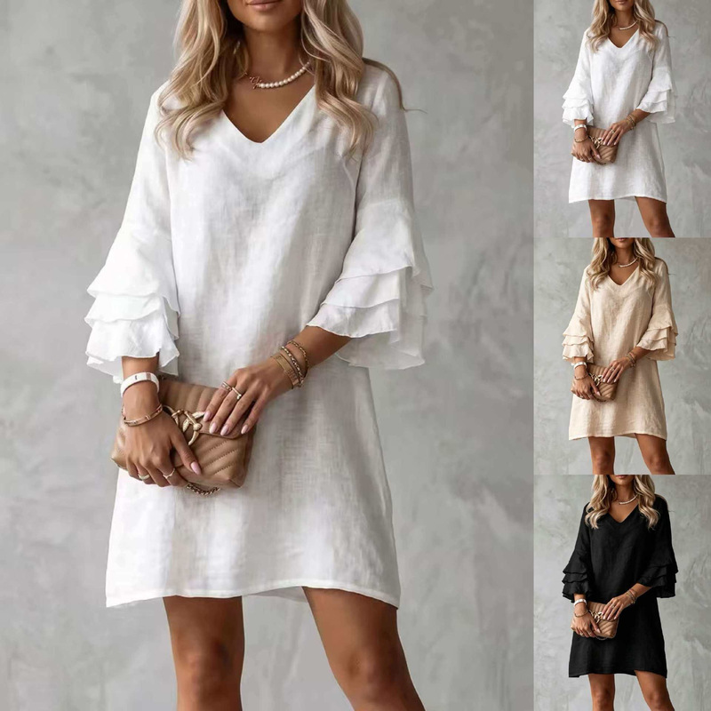 2026 New European and American Style V-Neck Cotton and Linen Dress for Women, Loose Lotus Leaf Sleeve Short Dress, Vacation Casual Fashion Dress 2026 New European and American Style V-Neck Cotton and Linen Dress for Women, Loose Lotus Leaf Sleeve Short Dress, Vacation Casual Fashion Dress