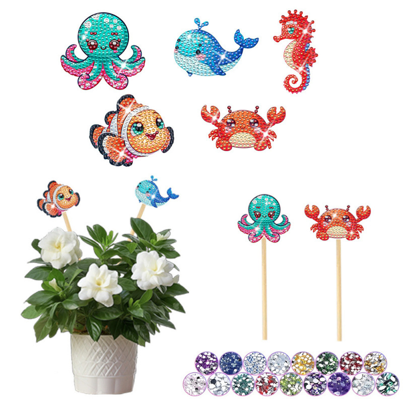 Estacas decorativas para macetas con diseño de flores para decoración de plantas en el hogar y escritorio, fabricante de estacas de jardín hechas a mano con pegatinas de diamantes DIY.