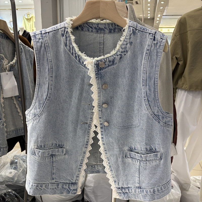 Spring fashionable lace retro denim jacket sleevless