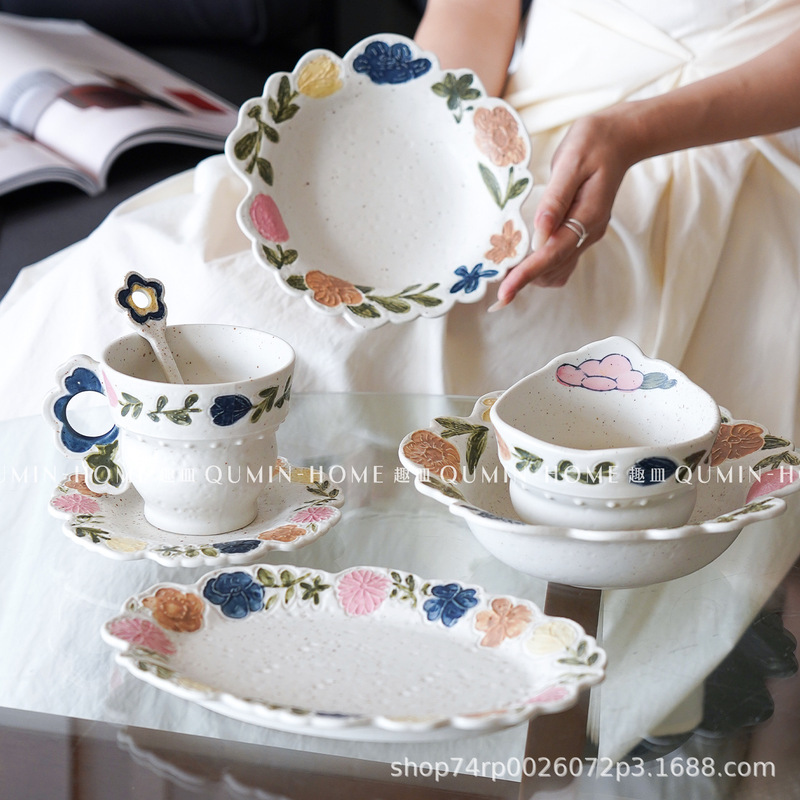 Retro Ceramic Tableware Set, High-End Mug and Saucer, Household Rice Bowl, Fruit Plate, Salad Bowl and Plate