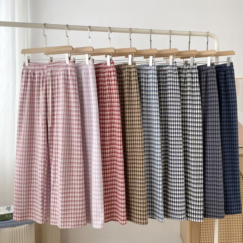Women's Autumn-Winter Wide-Leg Pants with Elastic Drawstring, High Waist, Vintage Plaid, Straight-Leg, Floor-Length, Soft and Casual Pants