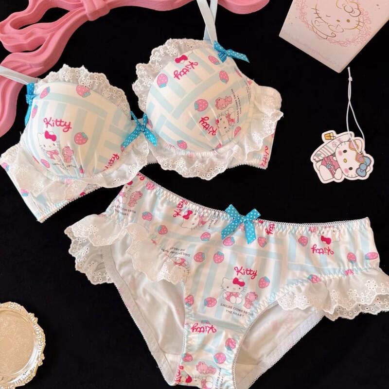 Girly Hello Kitty lingerie set, featuring a strawberry lace bra and panties, a sweet and cute Japanese-style bra Girly Hello Kitty lingerie set, featuring a strawberry lace bra and panties, a sweet and cute Japanese-style bra