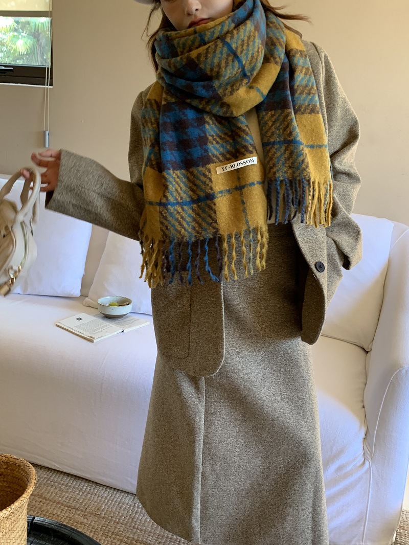 Women's Cashmere Scarf In Retro Blue Thousand Bird Grid Pattern_voghion.com
