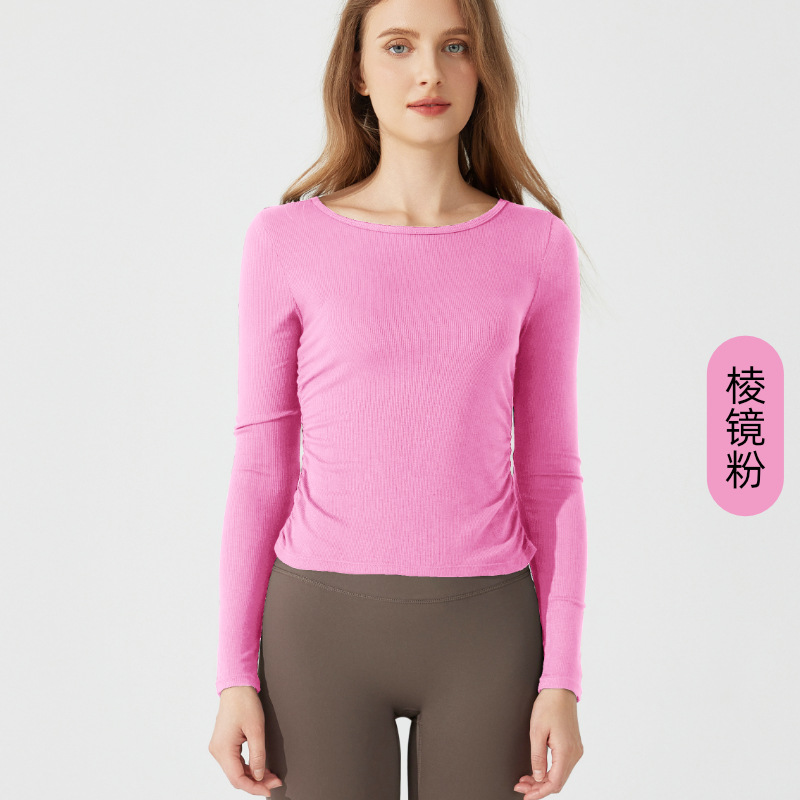 Otoño y invierno desnudos de yoga plegado piel delgada cuello redondo chaqueta deportiva casual camiseta de mangas largas de mujeres fitness