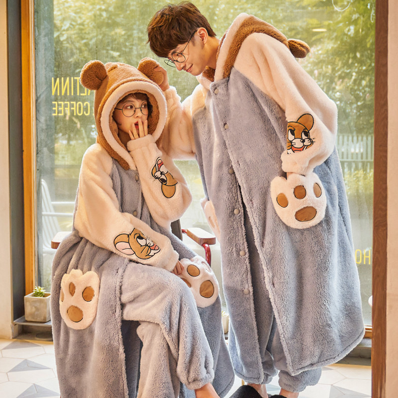 Autumn and Winter Couple Pajamas Women's Cartoon Hooded Long Thickened Warm Nightgown Men's Home Clothes 230 Jin Wearable