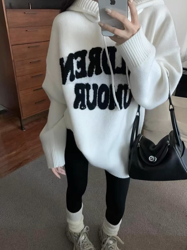 重磅加厚中长款上衣连帽毛衣女秋冬季慵懒字母刺绣灰色卫衣针织衫|undefined