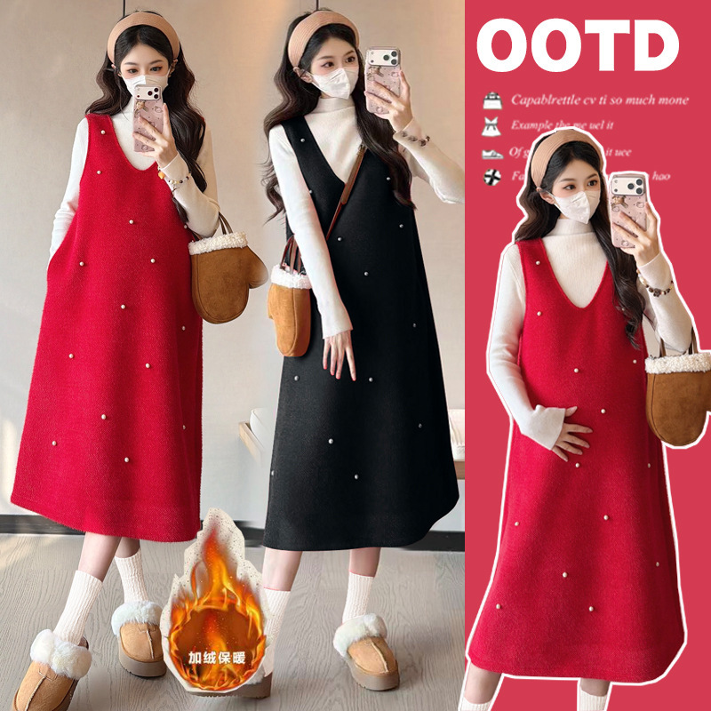 Maternity Dress That Doesn'T Show Pregnancy Lines, 2026 New Thickened Red Tank Dress Set, Autumn and Winter Outfit for Pregnant Women, New Year's Outfit