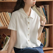 棉法式白色短袖衬衫女夏设计感小众2024新款复古港味小个上衣