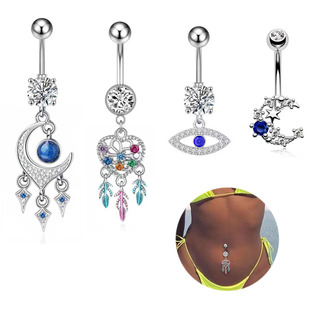 European and American cross-border new navel ring moon inlaid zircon navel ring love feather color zircon long piercing jewelry
