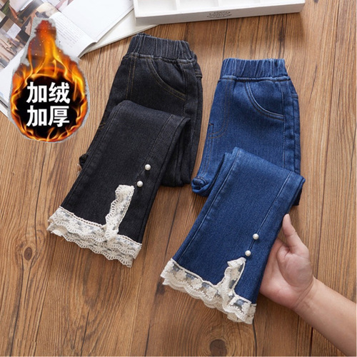  new winter girls' jeans plus velvet and thickened medium and large children's clothing girls' bell bottoms warm children's cotton pants