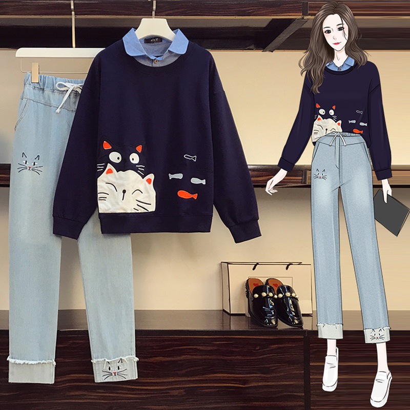 实拍2021年春装新款大码女装显瘦显高假两件上衣牛仔裤休闲套装|ms