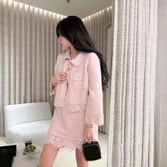 高定南油25早秋小香风双C水钻钩花针织波浪花边长袖开衫上衣女潮