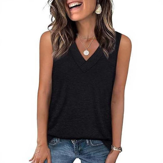 Amazon European and American Foreign Trade 2025 Women's V-neck Casual Loose Summer New Solid Color Vest Sleeveless Shirt