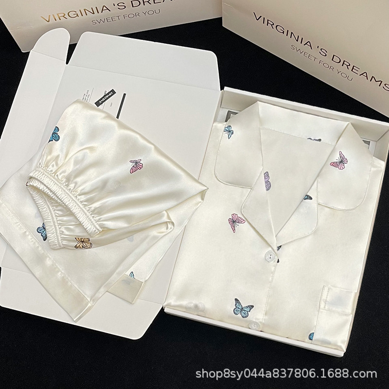 Butterfly imprimido pijama de primavera y otoño de mujeres nuevo 2025 seda de hielo ropa doméstica dos piezas de fábrica de comercio exterior transfronterizo
