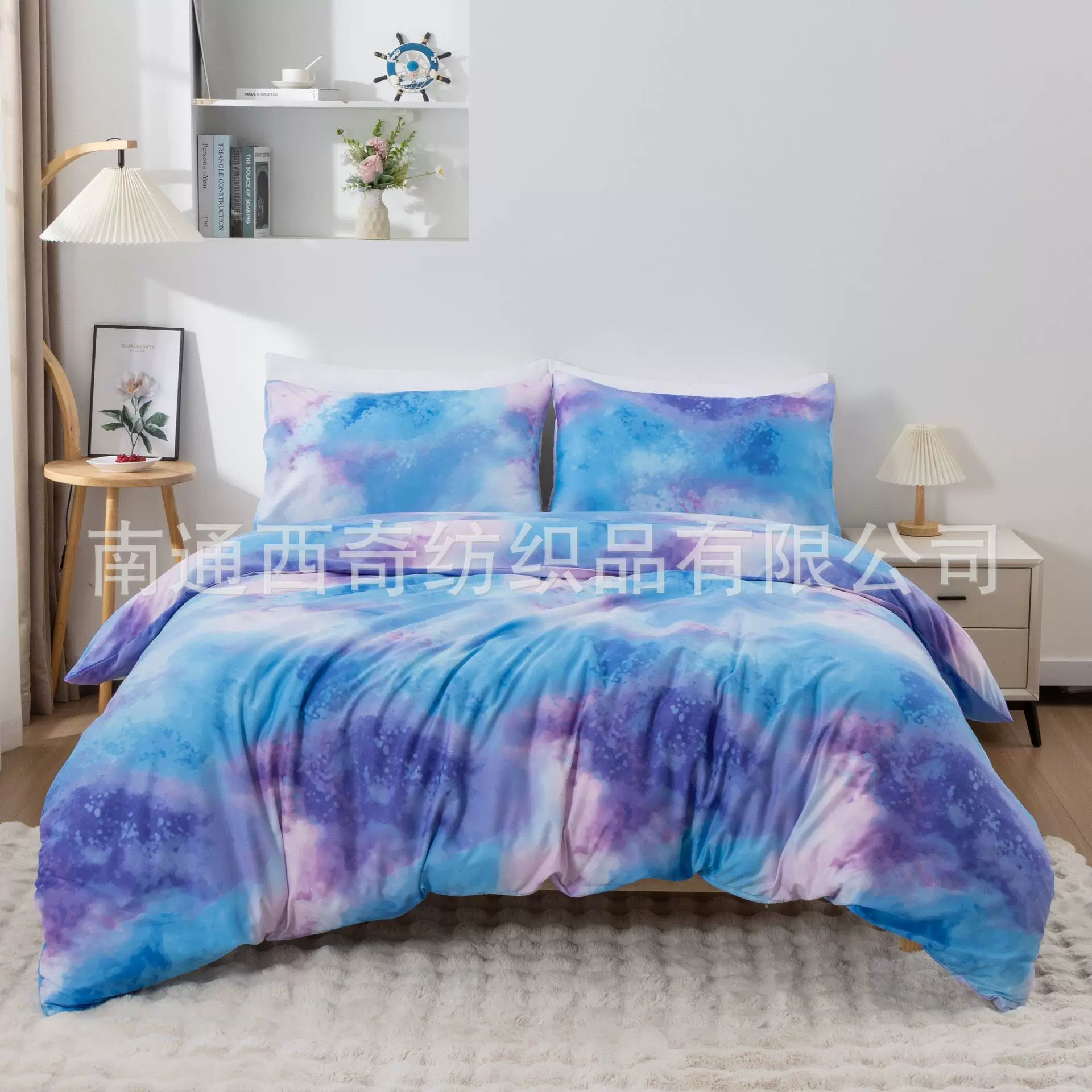 跨境亚马逊扎染渐变化纤磨毛印染三件套被套枕套无床单厂家直销