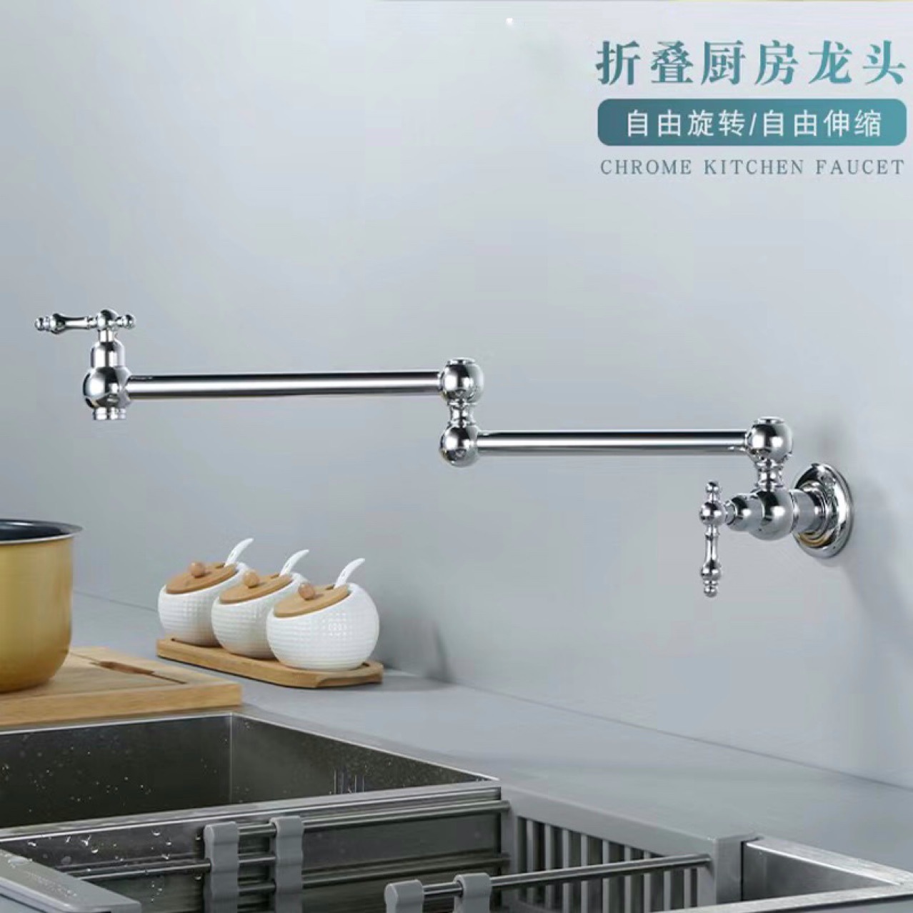 Foldable faucet for single-cooling kitchen, swivel wall-mounted double-opening telescopic, light luxury and simple stove outdoor faucet Item Picture