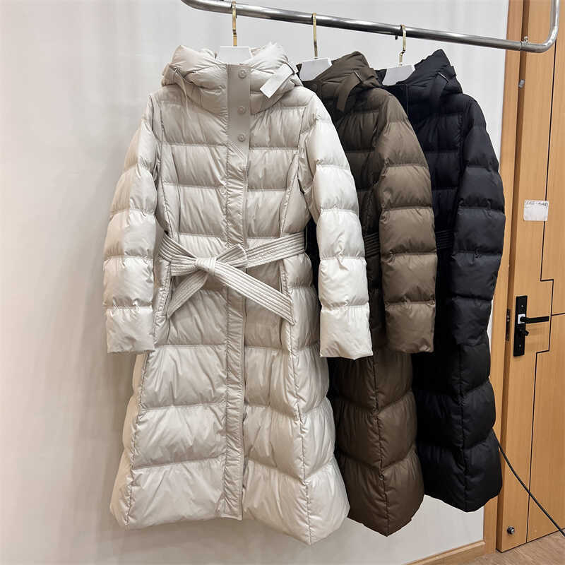 2024 winter new down jacket women's long knee-high hooded waist lace-up thick thin warm white duck down coat 2024 winter new down jacket women's long knee-high hooded waist lace-up thick thin warm white duck down coat