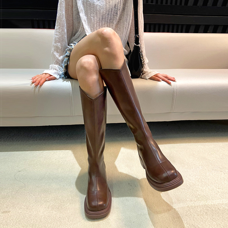 Brown elastic high boots platform