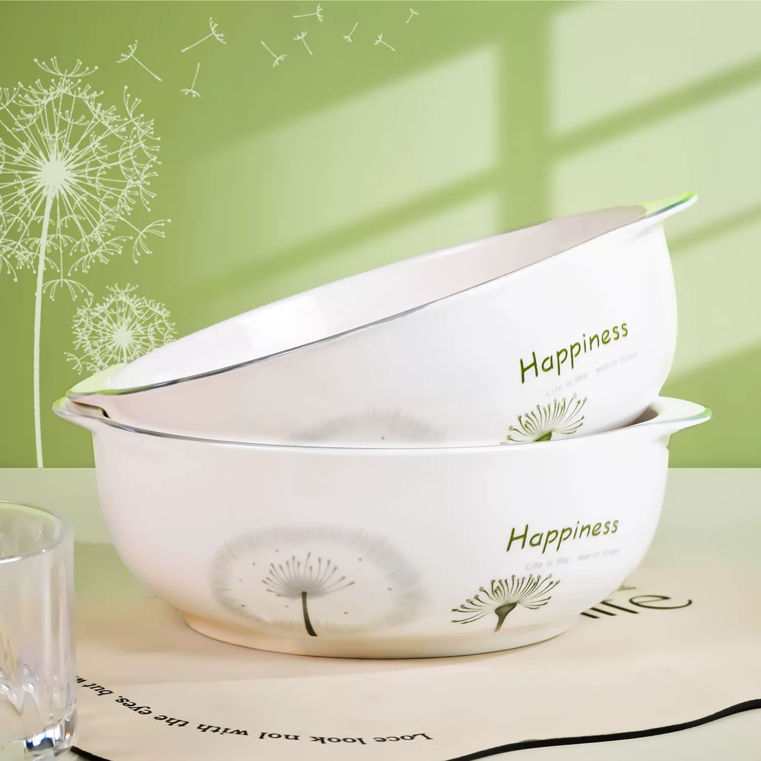 蒲公英家用10英寸双耳汤锅创意清新釉下彩陶瓷大号碗菜碗汤盆大容