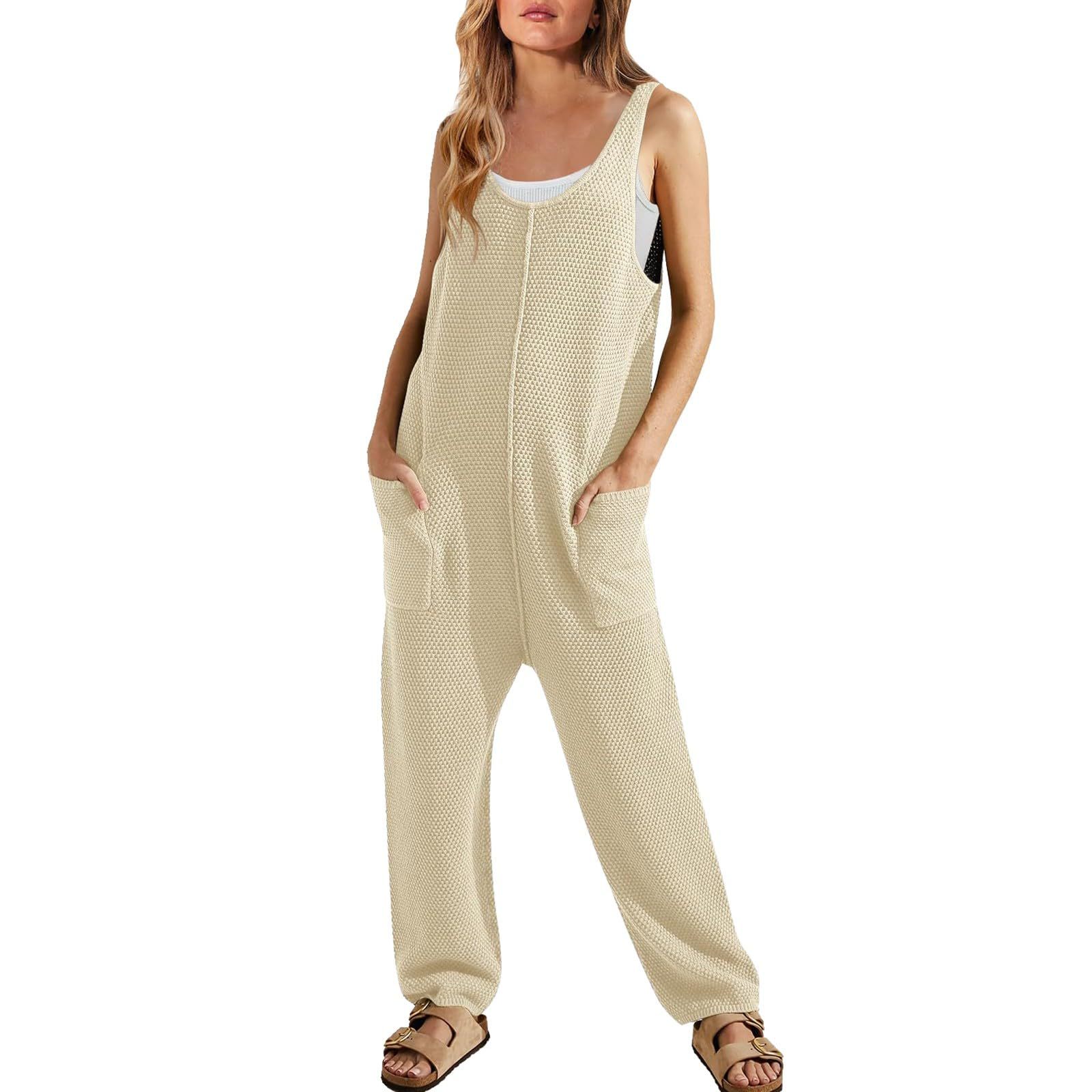 Primavera/Verano 2020 nuevo mono suelto casual de mujer sin mangas con cuello en U pantalones de una pieza Doble Bolsillo